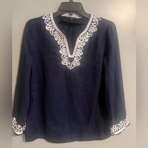 Talbots Navy w/white embroidered trim 100% linen boho tunic Petite Medium